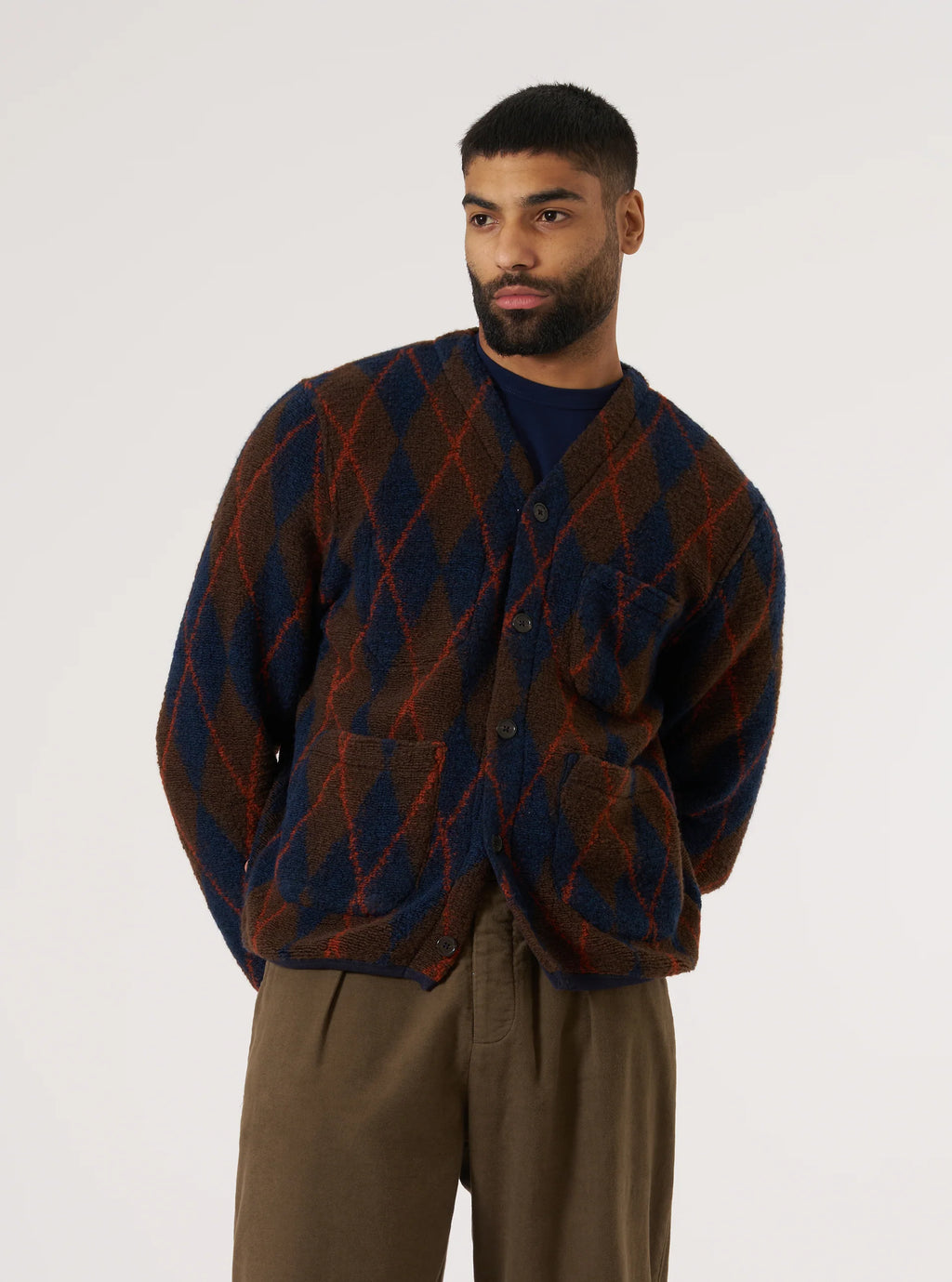 Universal Works Argyll Fleece Cardigan - Brown/Navy
