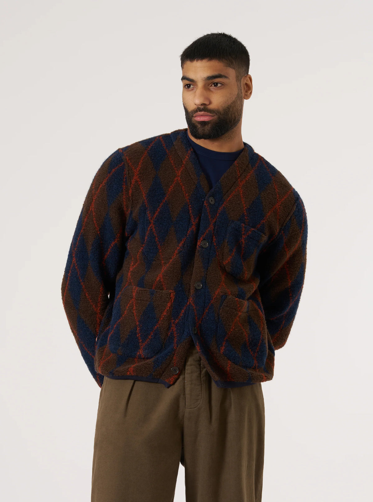 Universal Works Argyll Fleece Cardigan - Brown/Navy