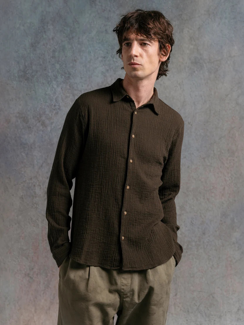 Kestin Dirleton Shirt - Olive Check Crinkle Cotton