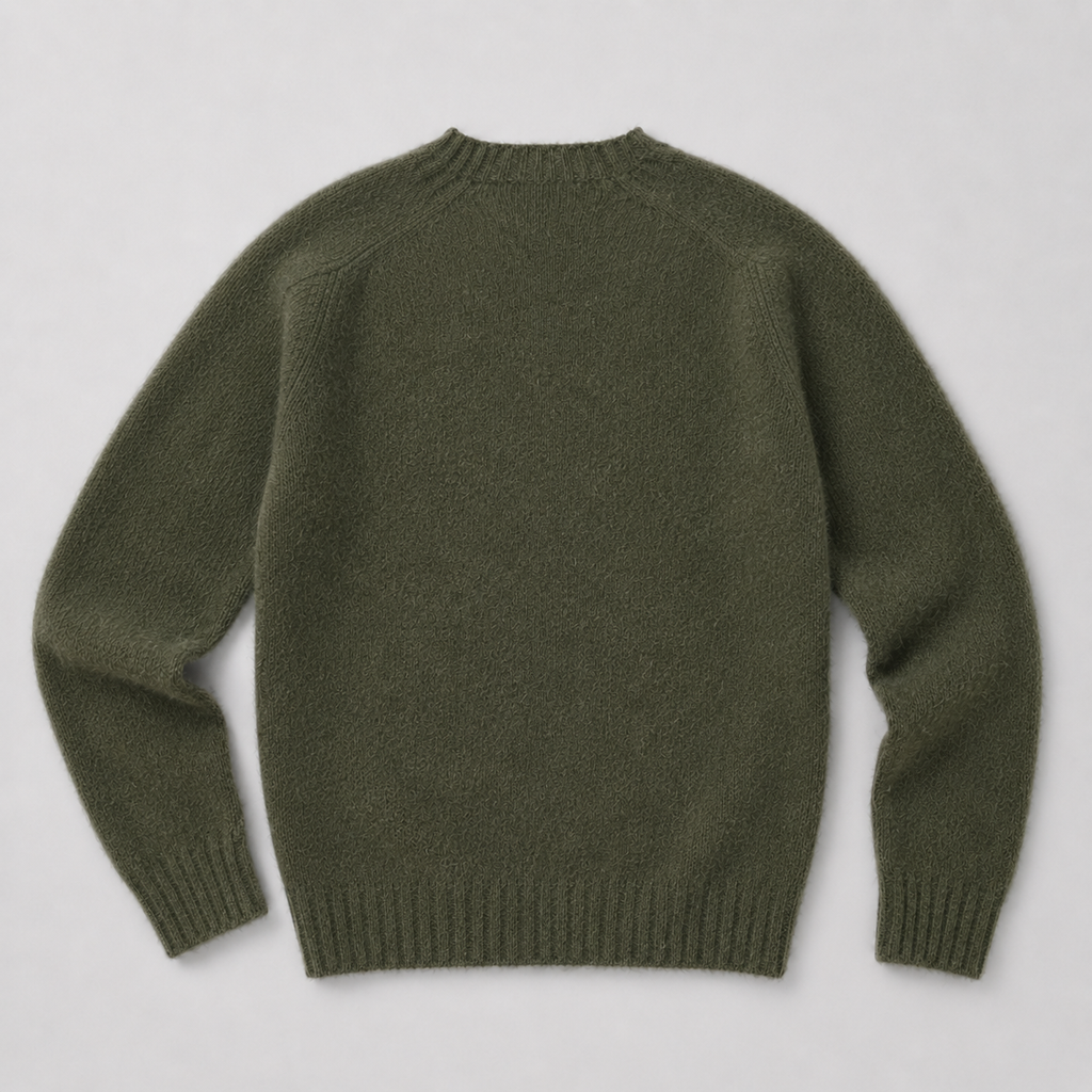 An olive green knit sweater shown from the back, laid flat on a light gray background.
