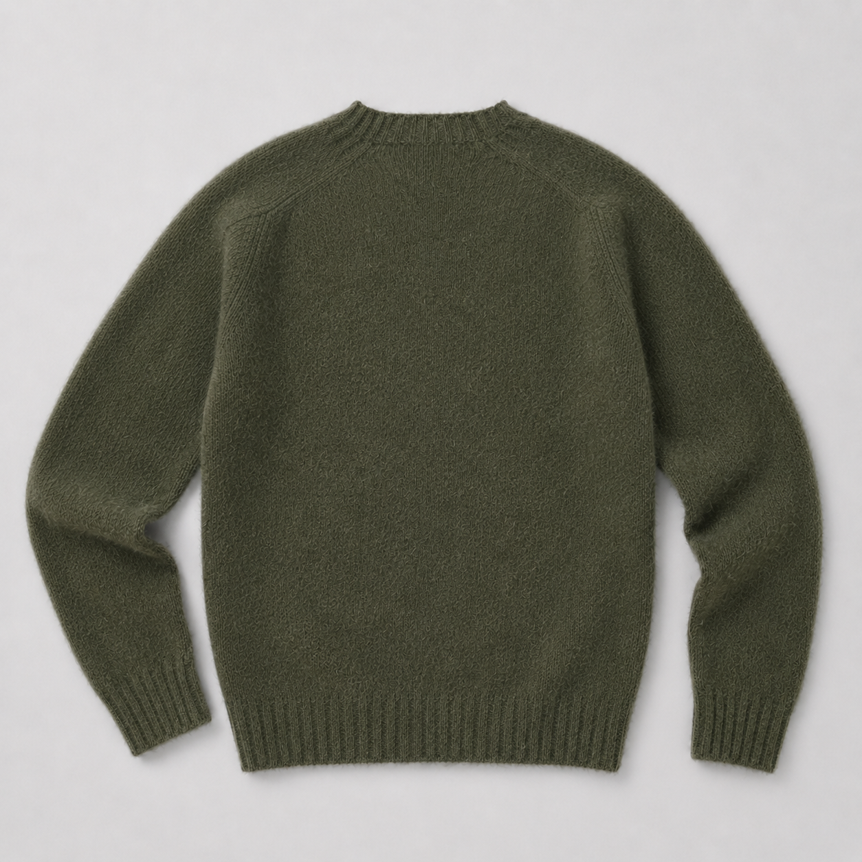 An olive green knit sweater shown from the back, laid flat on a light gray background.