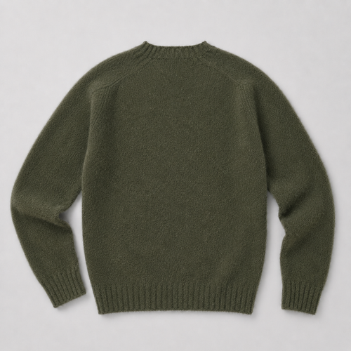 An olive green knit sweater shown from the back, laid flat on a light gray background.