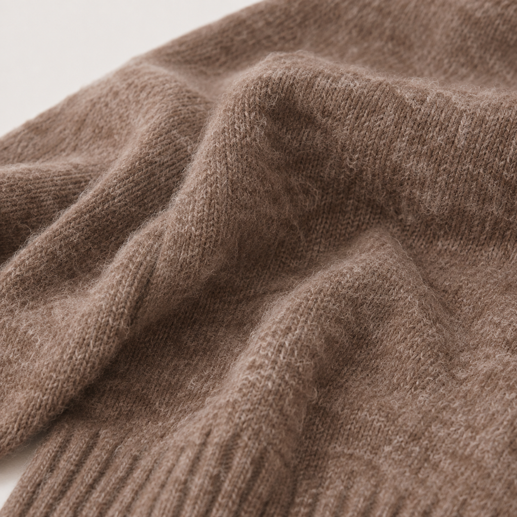 A close-up of a soft, knitted fabric in a warm taupe-brown color, showing the detailed knit texture and folds against a light neutral background.